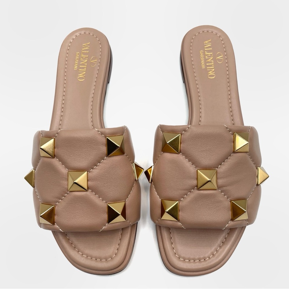 NEW Valentino Pink Beige Leather Roman Stud Opened Toe Sandals Flats Shoes